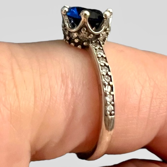 Blue sapphire princess Crown Solitaire Cut Ring 925 sterling silver - Picture 4 of 5